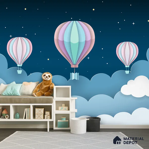 Gentle Night Sky Ride Balloon Above Clouds Scene | WP 04070 Canvas Texture Finish Space Style luxurious Customized size Wallpaper | 250 GSM WP01CNF Paper | (MOQ = 30 Sq. Ft.)