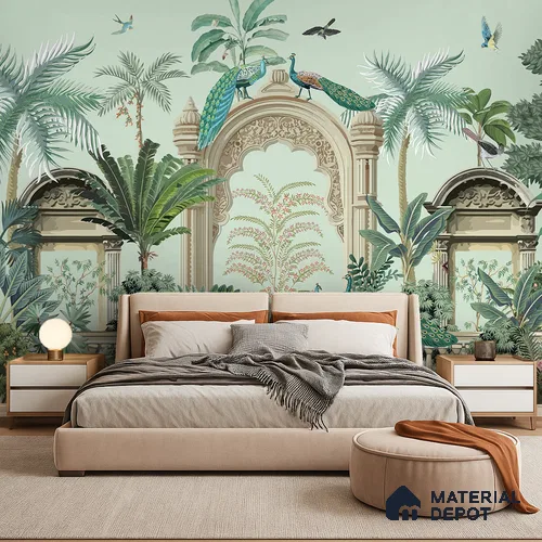 Peacocks of the Inner Court | WP 04196 B Canvas Texture Finish Indian Style luxurious Customized size Wallpaper | 250 GSM WP01CNF Paper | (MOQ = 30 Sq. Ft.)