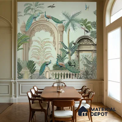 Peacocks of the Inner Court | WP 04196 B Canvas Texture Finish Indian Style luxurious Customized size Wallpaper | 250 GSM WP01CNF Paper | (MOQ = 30 Sq. Ft.)
