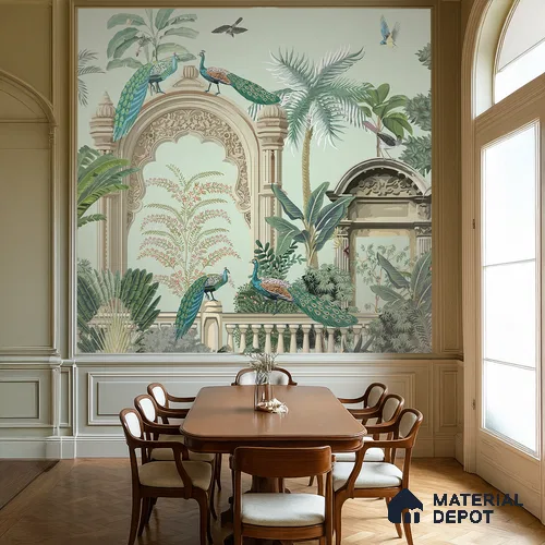 Peacocks of the Inner Court | WP 04196 Non Woven Matte Finish Indian Style Premium Customized size Wallpaper | 150 GSM WP01MTF Paper | (MOQ = 30 Sq. Ft.)