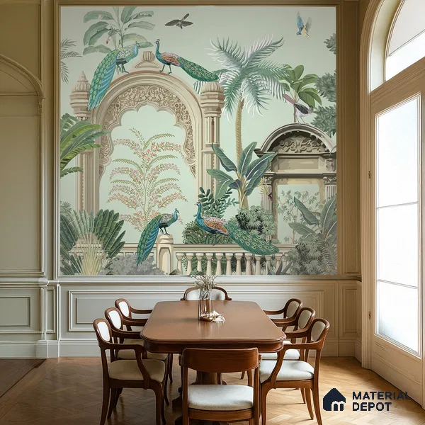 Peacocks of the Inner Court | WP 04196 B Canvas Texture Finish Indian Style luxurious Customized size Wallpaper | 250 GSM WP01CNF Paper | (MOQ = 30 Sq. Ft.)