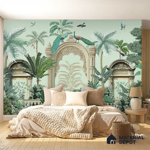 Peacocks of the Inner Court | WP 04196 Non Woven Matte Finish Indian Style Premium Customized size Wallpaper | 150 GSM WP01MTF Paper | (MOQ = 30 Sq. Ft.)