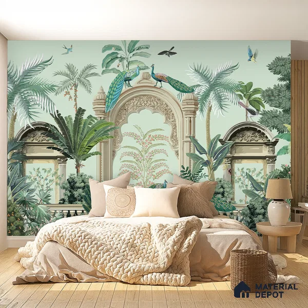 Peacocks of the Inner Court | WP 04196 B Canvas Texture Finish Indian Style luxurious Customized size Wallpaper | 250 GSM WP01CNF Paper | (MOQ = 30 Sq. Ft.)