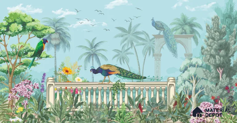 Azure Peacock Terrace Dreamy Artistic | WP 03969 B Canvas Texture Finish Tropical Style luxurious Customized size Wallpaper | 250 GSM WP01CNF Paper | (MOQ = 30 Sq. Ft.)
