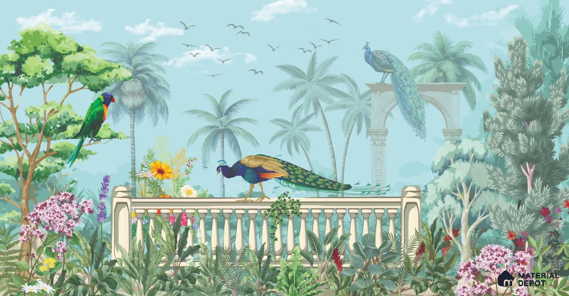 Azure Peacock Terrace Dreamy Artistic | WP 03969 B Canvas Texture Finish Tropical Style luxurious Customized size Wallpaper | 250 GSM WP01CNF Paper | (MOQ = 30 Sq. Ft.)