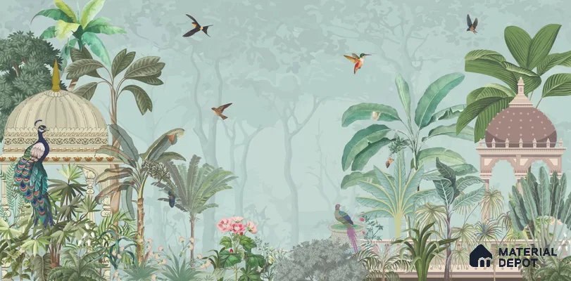 Serene Pavilion Peacock Garden Dreamy Artistic | WP 03979 B Canvas Texture Finish Tropical Style luxurious Customized size Wallpaper | 250 GSM WP01CNF Paper | (MOQ = 30 Sq. Ft.)