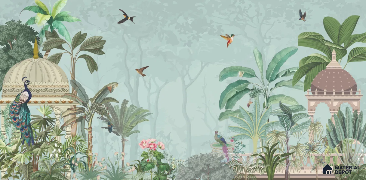 Serene Pavilion Peacock Garden Dreamy Artistic | WP 03979 B Canvas Texture Finish Tropical Style luxurious Customized size Wallpaper | 250 GSM WP01CNF Paper | (MOQ = 30 Sq. Ft.)