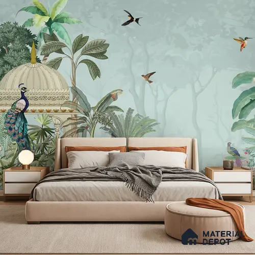 Serene Pavilion Peacock Garden Dreamy Artistic | WP 03979 Non Woven Matte Finish Tropical Style Premium Customized size Wallpaper | 150 GSM WP01MTF Paper | (MOQ = 30 Sq. Ft.)