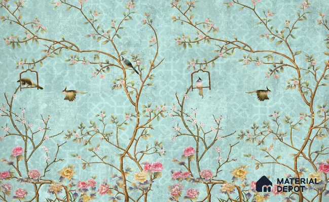 Aqua Blue Chinoiserie Birds and Blossom Floral Tree | WP 03918 B Canvas Texture Finish Chinoiserie Style luxurious Customized size Wallpaper | 250 GSM WP01CNF Paper | (MOQ = 30 Sq. Ft.) | Design change not possible