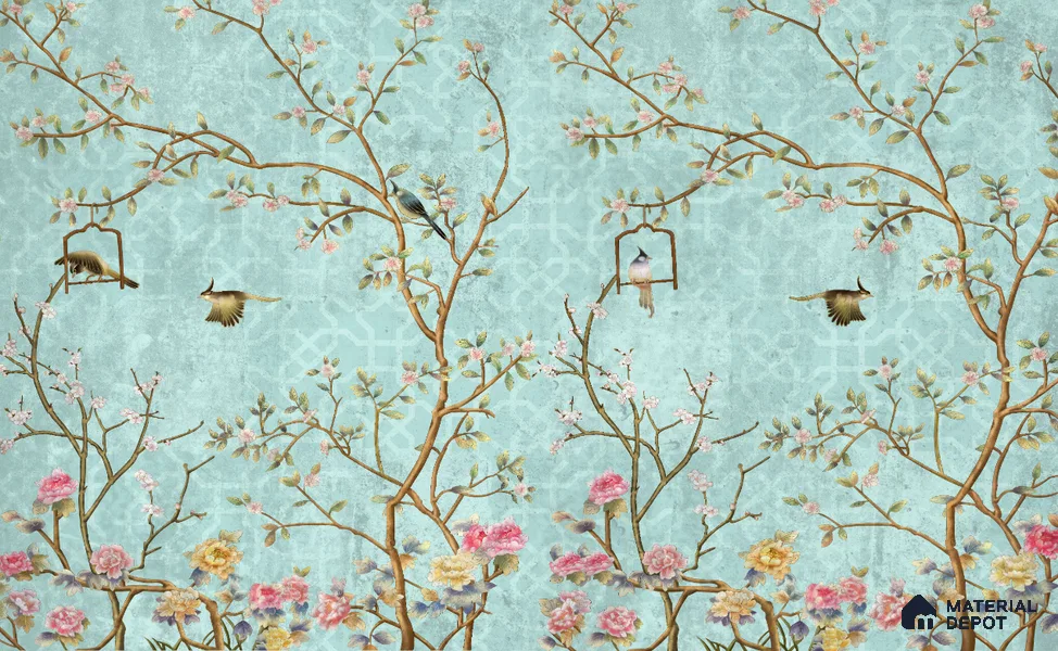 Aqua Blue Chinoiserie Birds and Blossom Floral Tree | WP 03918 Non Woven Matte Finish Chinoiserie Style Premium Customized size Wallpaper | 150 GSM WP01MTF Paper | (MOQ = 30 Sq. Ft.) | Design change not possible