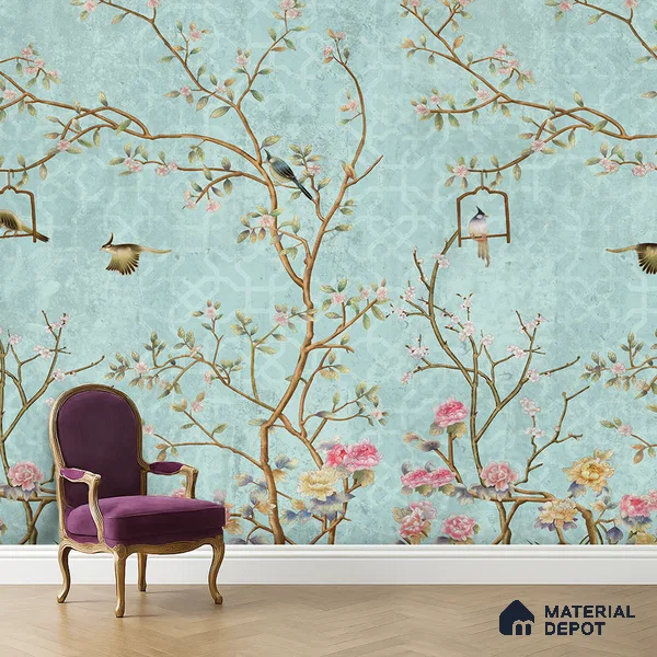 Aqua Blue Chinoiserie Birds and Blossom Floral Tree | WP 03918 Non Woven Matte Finish Chinoiserie Style Premium Customized size Wallpaper | 150 GSM WP01MTF Paper | (MOQ = 30 Sq. Ft.) | Design change not possible
