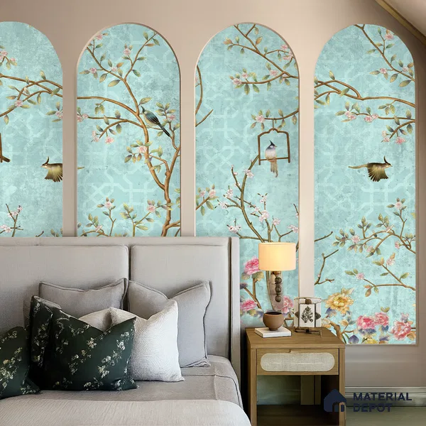 Aqua Blue Chinoiserie Birds and Blossom Floral Tree | WP 03918 Non Woven Matte Finish Chinoiserie Style Premium Customized size Wallpaper | 150 GSM WP01MTF Paper | (MOQ = 30 Sq. Ft.) | Design change not possible