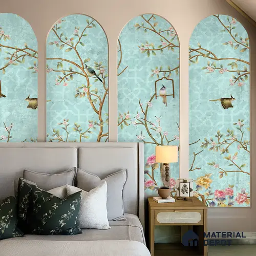 Aqua Blue Chinoiserie Birds and Blossom Floral Tree | WP 03918 Non Woven Matte Finish Chinoiserie Style Premium Customized size Wallpaper | 150 GSM WP01MTF Paper | (MOQ = 30 Sq. Ft.) | Design change not possible