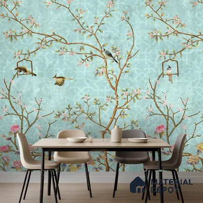 Aqua Blue Chinoiserie Birds and Blossom Floral Tree | WP 03918 Non Woven Matte Finish Chinoiserie Style Premium Customized size Wallpaper | 150 GSM WP01MTF Paper | (MOQ = 30 Sq. Ft.) | Design change not possible