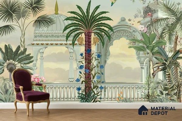 Garden of Palms Motif Art | WP 04185 B Canvas Texture Finish Indian Style luxurious Customized size Wallpaper | 250 GSM WP01CNF Paper | (MOQ = 30 Sq. Ft.)
