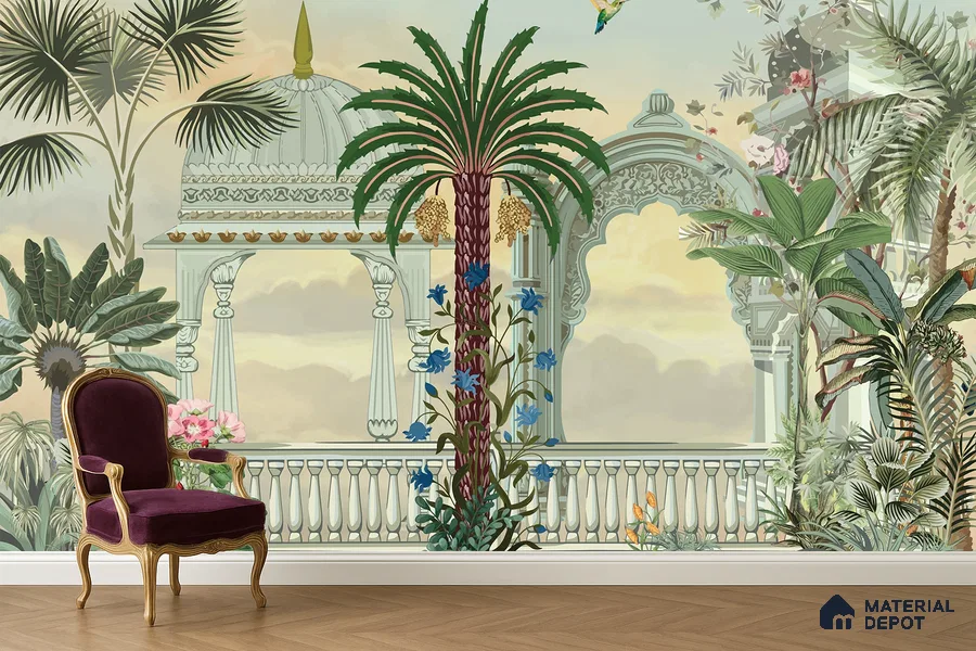 Garden of Palms Motif Art | WP 04185 B Canvas Texture Finish Indian Style luxurious Customized size Wallpaper | 250 GSM WP01CNF Paper | (MOQ = 30 Sq. Ft.)