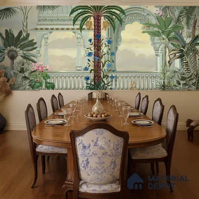 Garden of Palms Motif Art | WP 04185 B Canvas Texture Finish Indian Style luxurious Customized size Wallpaper | 250 GSM WP01CNF Paper | (MOQ = 30 Sq. Ft.)