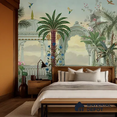 Garden of Palms Motif Art | WP 04185 B Canvas Texture Finish Indian Style luxurious Customized size Wallpaper | 250 GSM WP01CNF Paper | (MOQ = 30 Sq. Ft.)