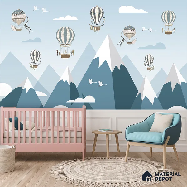 Adventure Wall Hot Air Balloons Over Mountains | WP 04061 Canvas Texture Finish Abstract Style luxurious Customized size Wallpaper | 250 GSM WP01CNF Paper | (MOQ = 30 Sq. Ft.) | Design change not possible