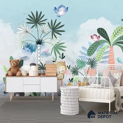 Friends Who Live Between Leaves Jungle Animals Gathering | WP 04041 Canvas Texture Finish Animal Print Style luxurious Customized size Wallpaper | 250 GSM WP01CNF Paper | (MOQ = 30 Sq. Ft.) | Design change not possible