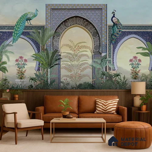 Peacock Arch Pichwai Design | WP 04179 Non Woven Matte Finish Indian Style Premium Customized size Wallpaper | 150 GSM WP01MTF Paper | (MOQ = 30 Sq. Ft.)