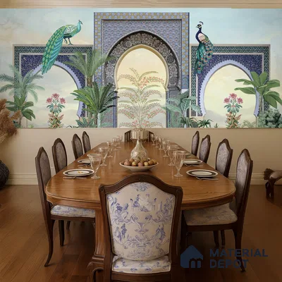Peacock Arch Pichwai Design | WP 04179 B Canvas Texture Finish Indian Style luxurious Customized size Wallpaper | 250 GSM WP01CNF Paper | (MOQ = 30 Sq. Ft.)