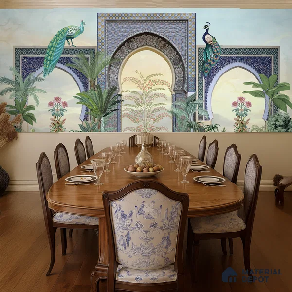Peacock Arch Pichwai Design | WP 04179 B Canvas Texture Finish Indian Style luxurious Customized size Wallpaper | 250 GSM WP01CNF Paper | (MOQ = 30 Sq. Ft.)