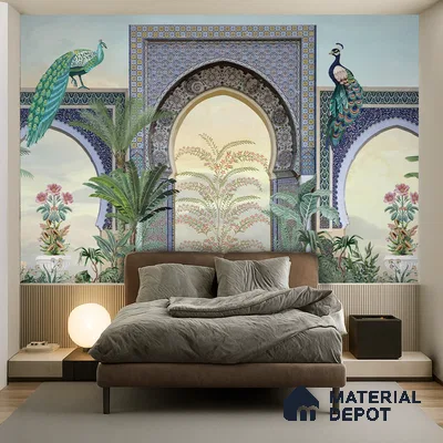 Peacock Arch Pichwai Design | WP 04179 B Canvas Texture Finish Indian Style luxurious Customized size Wallpaper | 250 GSM WP01CNF Paper | (MOQ = 30 Sq. Ft.)