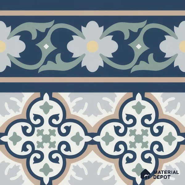 Moroccan Carpet Floor Tile TL 06616 B Florentine Blue Border | 1 ft x 1 ft Ceramic Matte Finish - 9 mm | Suitable for Living Room, Dining Area, Kitchen | Please Expect a Slight Variation of Pattern