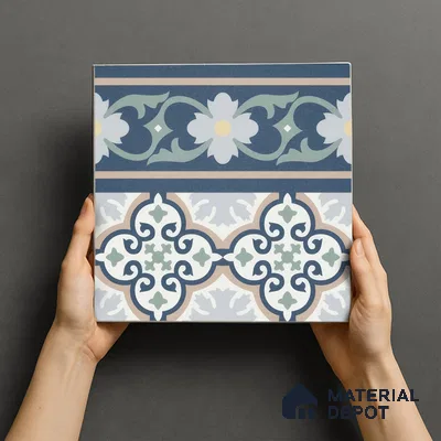 Moroccan Carpet Floor Tile TL 06616 B Florentine Blue Border | 1 ft x 1 ft Ceramic Matte Finish - 9 mm | Suitable for Living Room, Dining Area, Kitchen | Please Expect a Slight Variation of Pattern
