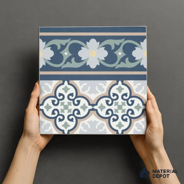 Moroccan Carpet Floor Tile TL 06616 B Florentine Blue Border | 1 ft x 1 ft Ceramic Matte Finish - 9 mm | Suitable for Living Room, Dining Area, Kitchen | Please Expect a Slight Variation of Pattern