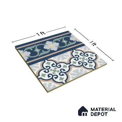 Moroccan Carpet Floor Tile TL 06616 B Florentine Blue Border | 1 ft x 1 ft Ceramic Matte Finish - 9 mm | Suitable for Living Room, Dining Area, Kitchen | Please Expect a Slight Variation of Pattern