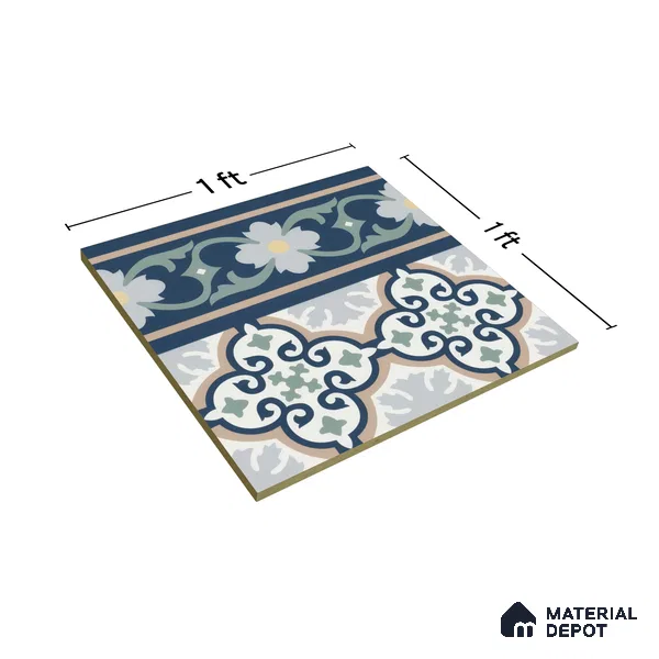 Moroccan Carpet Floor Tile TL 06616 B Florentine Blue Border | 1 ft x 1 ft Ceramic Matte Finish - 9 mm | Suitable for Living Room, Dining Area, Kitchen | Please Expect a Slight Variation of Pattern