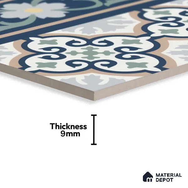 Moroccan Carpet Floor Tile TL 06616 B Florentine Blue Border | 1 ft x 1 ft Ceramic Matte Finish - 9 mm | Suitable for Living Room, Dining Area, Kitchen | Please Expect a Slight Variation of Pattern