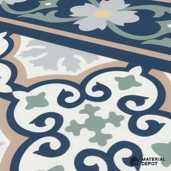 Moroccan Carpet Floor Tile TL 06616 B Florentine Blue Border | 1 ft x 1 ft Ceramic Matte Finish - 9 mm | Suitable for Living Room, Dining Area, Kitchen | Please Expect a Slight Variation of Pattern