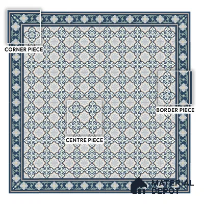 Moroccan Carpet Floor Tile TL 06616 B Florentine Blue Border | 1 ft x 1 ft Ceramic Matte Finish - 9 mm | Suitable for Living Room, Dining Area, Kitchen | Please Expect a Slight Variation of Pattern