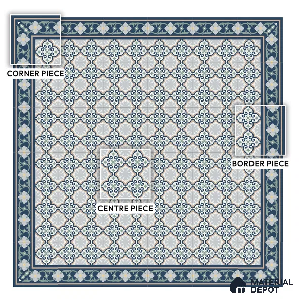 Moroccan Carpet Floor Tile TL 06616 B Florentine Blue Border | 1 ft x 1 ft Ceramic Matte Finish - 9 mm | Suitable for Living Room, Dining Area, Kitchen | Please Expect a Slight Variation of Pattern