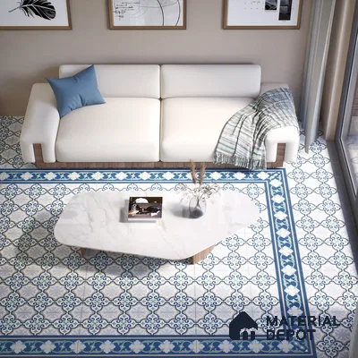 Moroccan Carpet Floor Tile TL 06616 B Florentine Blue Border | 1 ft x 1 ft Ceramic Matte Finish - 9 mm | Suitable for Living Room, Dining Area, Kitchen | Please Expect a Slight Variation of Pattern