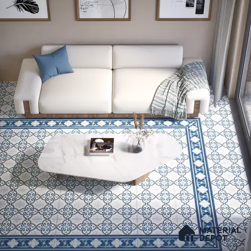 Moroccan Carpet Floor Tile TL 06616 B Florentine Blue Border | 1 ft x 1 ft Ceramic Matte Finish - 9 mm  | Suitable for Living Room, Bedroom, Kitchen | Please Expect a Slight Variation of Pattern