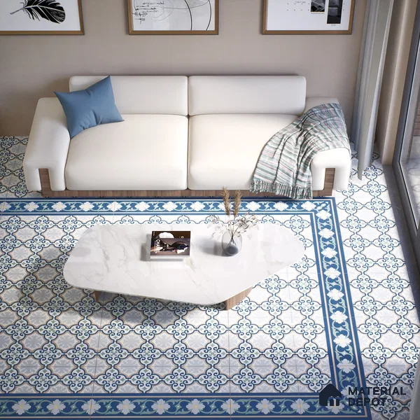 Moroccan Carpet Floor Tile TL 06616 B Florentine Blue Border | 1 ft x 1 ft Ceramic Matte Finish - 9 mm | Suitable for Living Room, Dining Area, Kitchen | Please Expect a Slight Variation of Pattern