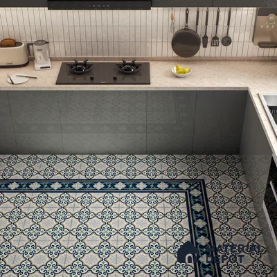 Moroccan Carpet Floor Tile TL 06616 B Florentine Blue Border | 1 ft x 1 ft Ceramic Matte Finish - 9 mm | Suitable for Living Room, Dining Area, Kitchen | Please Expect a Slight Variation of Pattern