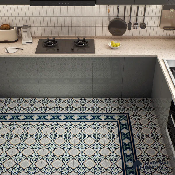 Moroccan Carpet Floor Tile TL 06616 B Florentine Blue Border | 1 ft x 1 ft Ceramic Matte Finish - 9 mm | Suitable for Living Room, Dining Area, Kitchen | Please Expect a Slight Variation of Pattern