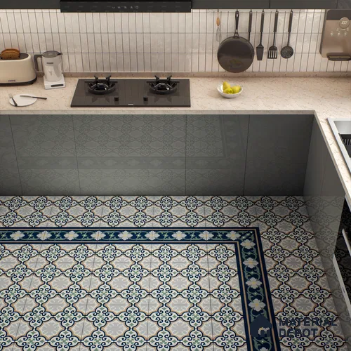 Moroccan Carpet Floor Tile TL 06616 Florentine Blue Corner | 1 ft x 1 ft Ceramic Matte Finish - 9 mm | Suitable for Living Room, Dining Area, Kitchen | Please Expect a Slight Variation of Pattern