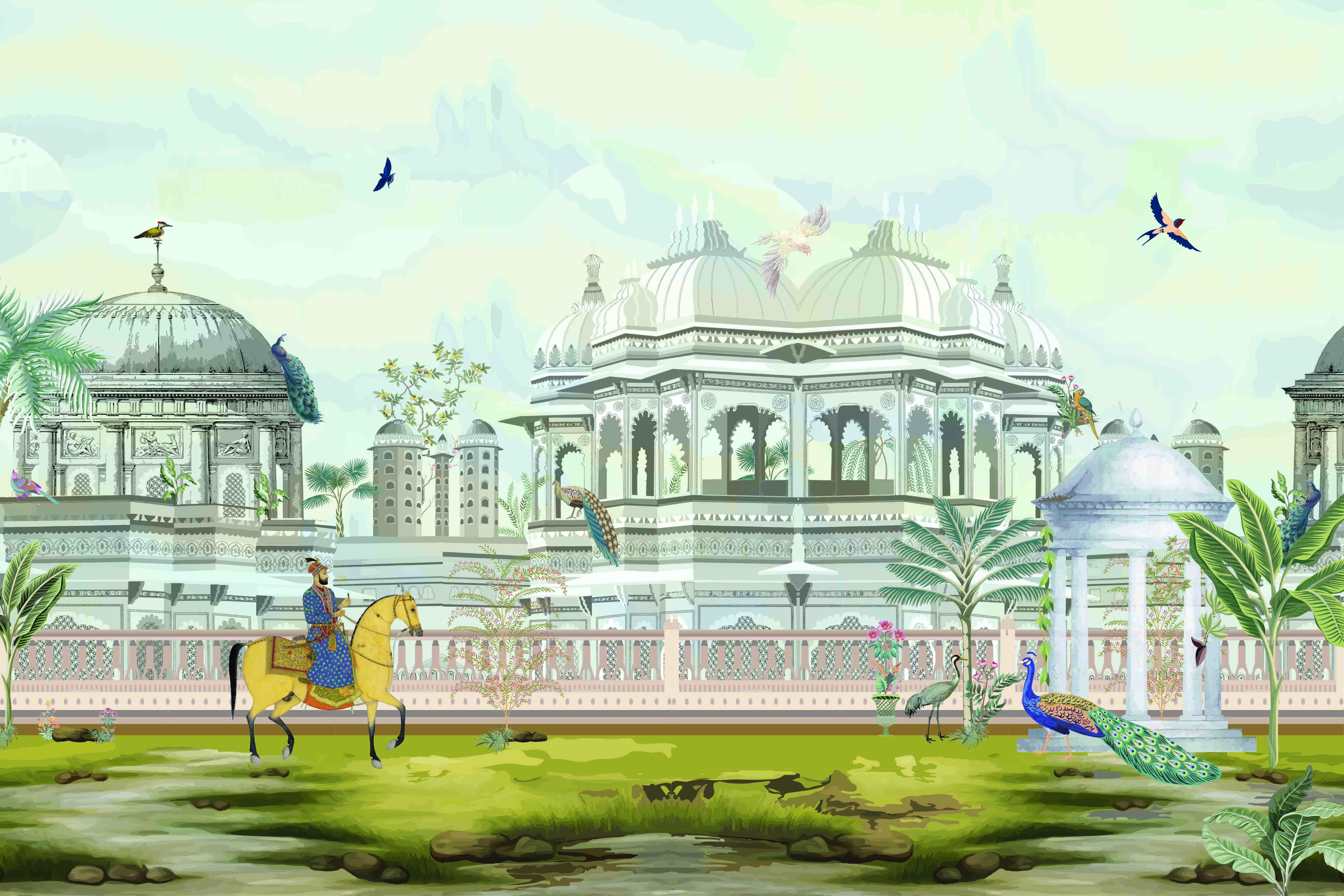 Courts of a Quiet Kingdom Royal Palace With Domes Wallscape | WP 04112 Non Woven Matte Finish Indian Style Premium Customized size Wallpaper | 150 GSM WP01MTF Paper | (MOQ = 30 Sq. Ft.)