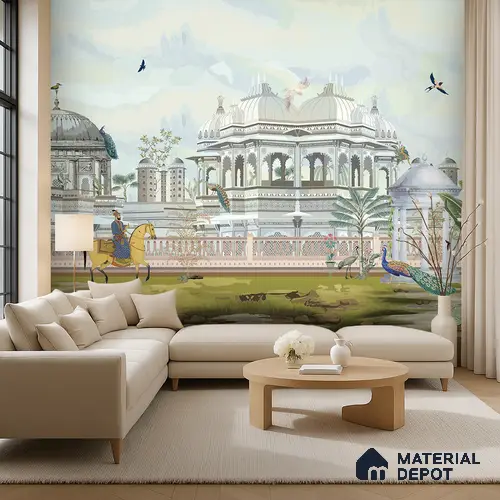 Courts of a Quiet Kingdom Royal Palace With Domes Wallscape | WP 04112 Non Woven Matte Finish Indian Style Premium Customized size Wallpaper | 150 GSM WP01MTF Paper | (MOQ = 30 Sq. Ft.)