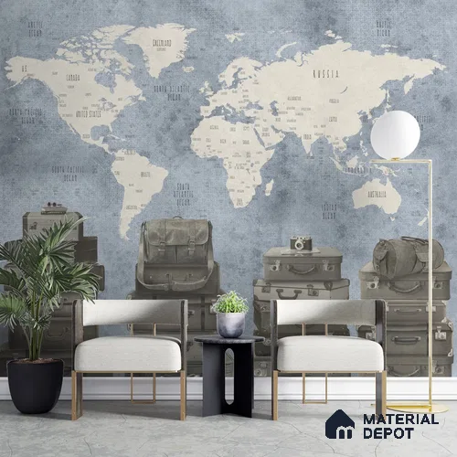 Blue Travel Theme World Map Customised Wallpaper Indrani Series Canvas Map Design (Customised Size Wallpaper )