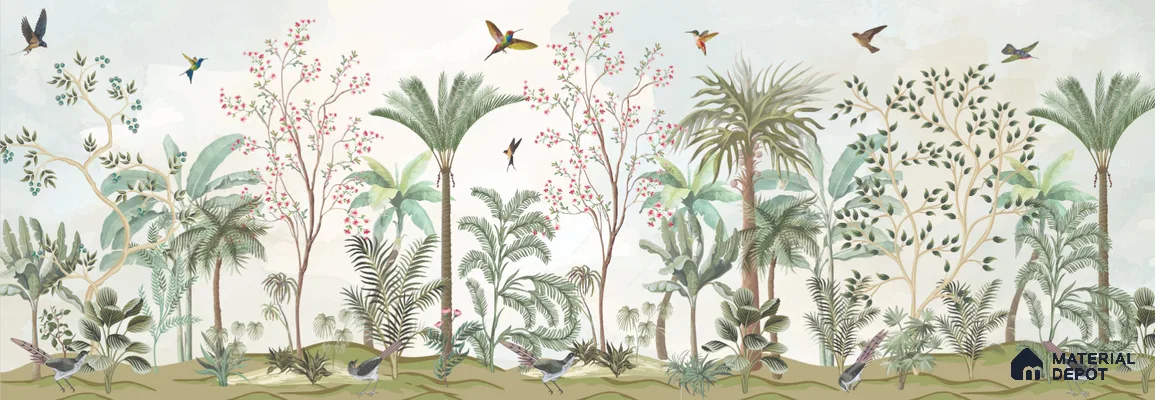 Soft Mint Illustrated Woodland Canopy Tropical Mist Nature Art | WP 03935 Non Woven Matte Finish Chinoiserie Style Premium Customized size Wallpaper | 150 GSM WP01MTF Paper | (MOQ = 30 Sq. Ft.)