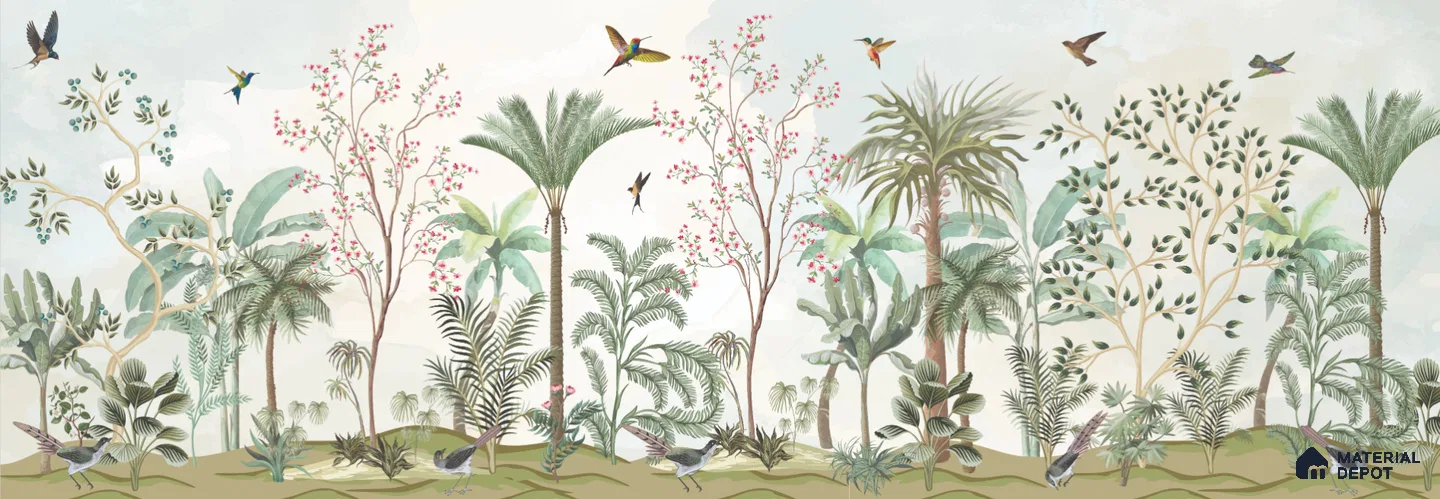 Soft Mint Illustrated Woodland Canopy Tropical Mist Nature Art | WP 03935 Non Woven Matte Finish Chinoiserie Style Premium Customized size Wallpaper | 150 GSM WP01MTF Paper | (MOQ = 30 Sq. Ft.)