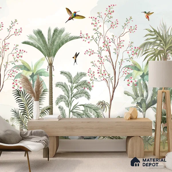 Soft Mint Illustrated Woodland Canopy Tropical Mist Nature Art | WP 03935 B Canvas Texture Finish Chinoiserie Style luxurious Customized size Wallpaper | 250 GSM WP01CNF Paper | (MOQ = 30 Sq. Ft.)