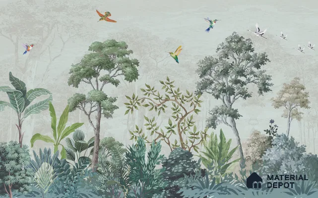Hummingbirds in the Quiet Canopy Tropical Mist Nature Art | WP 03999 B Canvas Texture Finish Tropical Style luxurious Customized size Wallpaper | 250 GSM WP01CNF Paper | (MOQ = 30 Sq. Ft.)